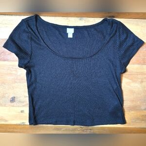 🖤 Black Ribbed Women's Top - COSIE - Rayon - Size M - Sheer 🖤